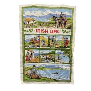 Vintage Irish‎ Life Tea Towel Pure Linen Made in Ireland Shamrock Scenic Decor